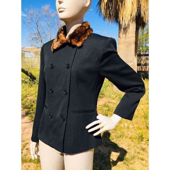 Vintage Ralph Lauren Wool Double Breasted Blazer Faux Mink Fur Collar Size 4 - Picture 4 of 7